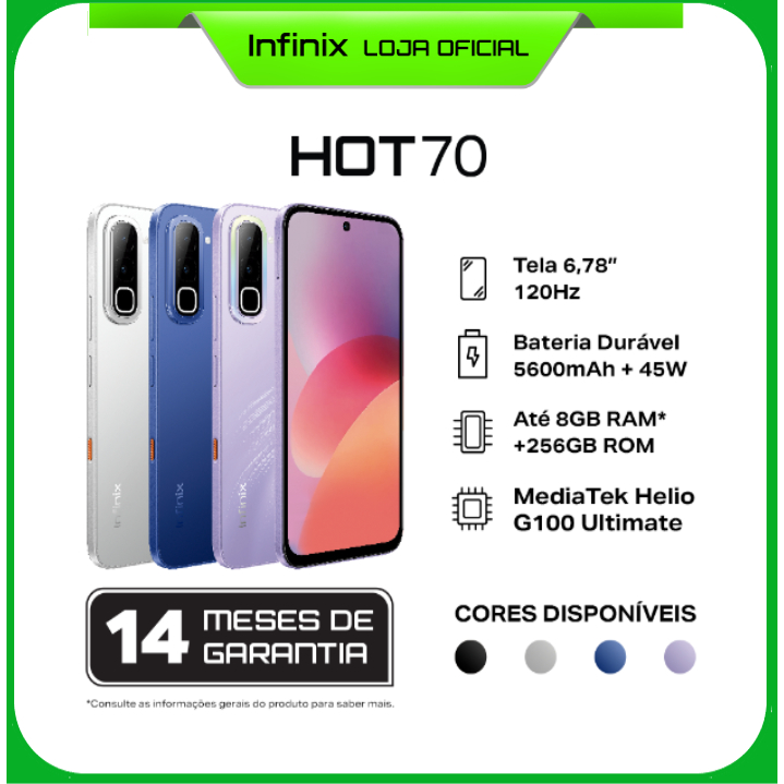 Smartphone Infinix HOT 70 256GB de Armazenamento 8GB* RAM Bateria 5600mAh NFC 120hz IA celular
