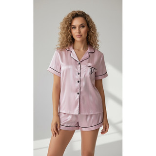 Pijama Feminino Rosa Listrado Cetim Premium, Americano, amamentação, Maternidade, Pós cirúrgico