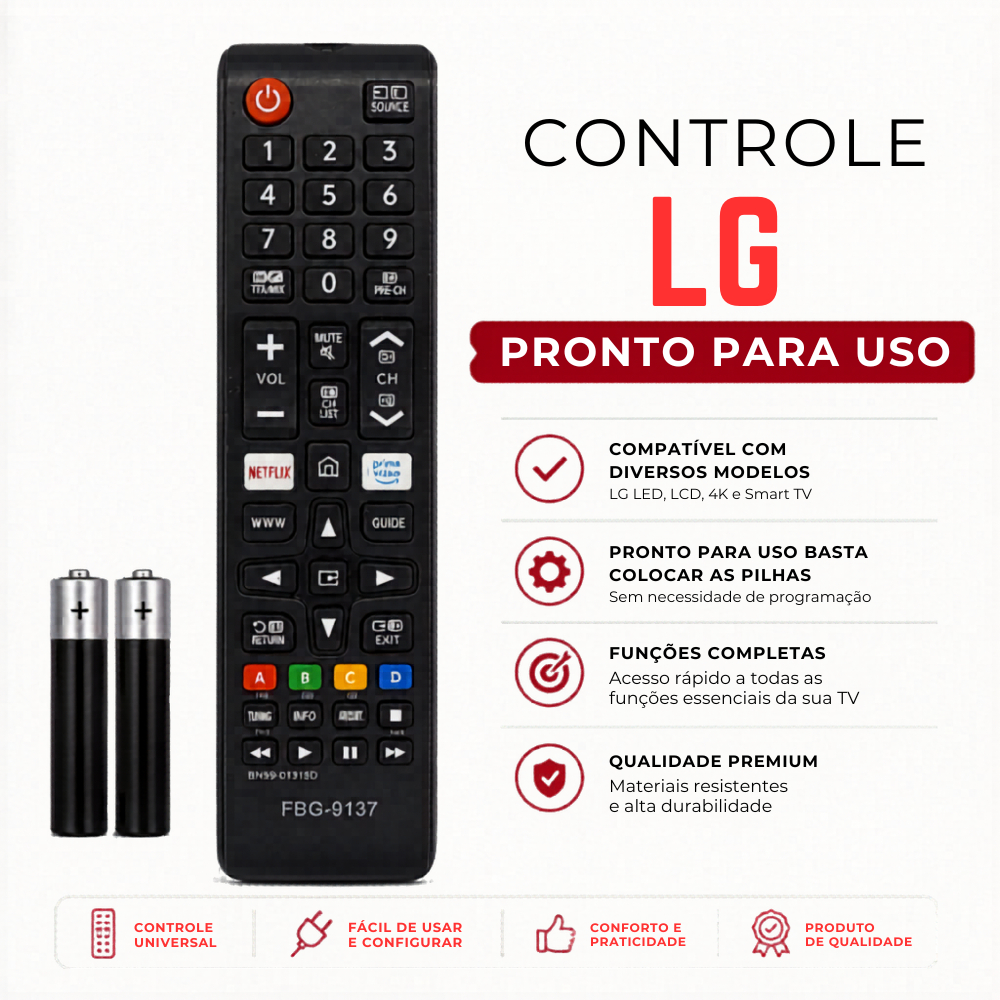 Controle Remoto Universal TV LG LCD LED Smart Smart Netflix Prime Pilhas Inclusas Pronta Entrega Material Resistente