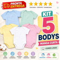Kit 5 Body Manga Curta Liso Infantil Bebê Menino Menina