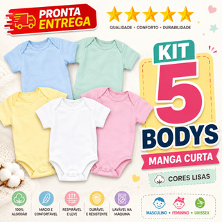 Kit 5 Body Manga Curta Liso Infantil Bebê Menino Menina