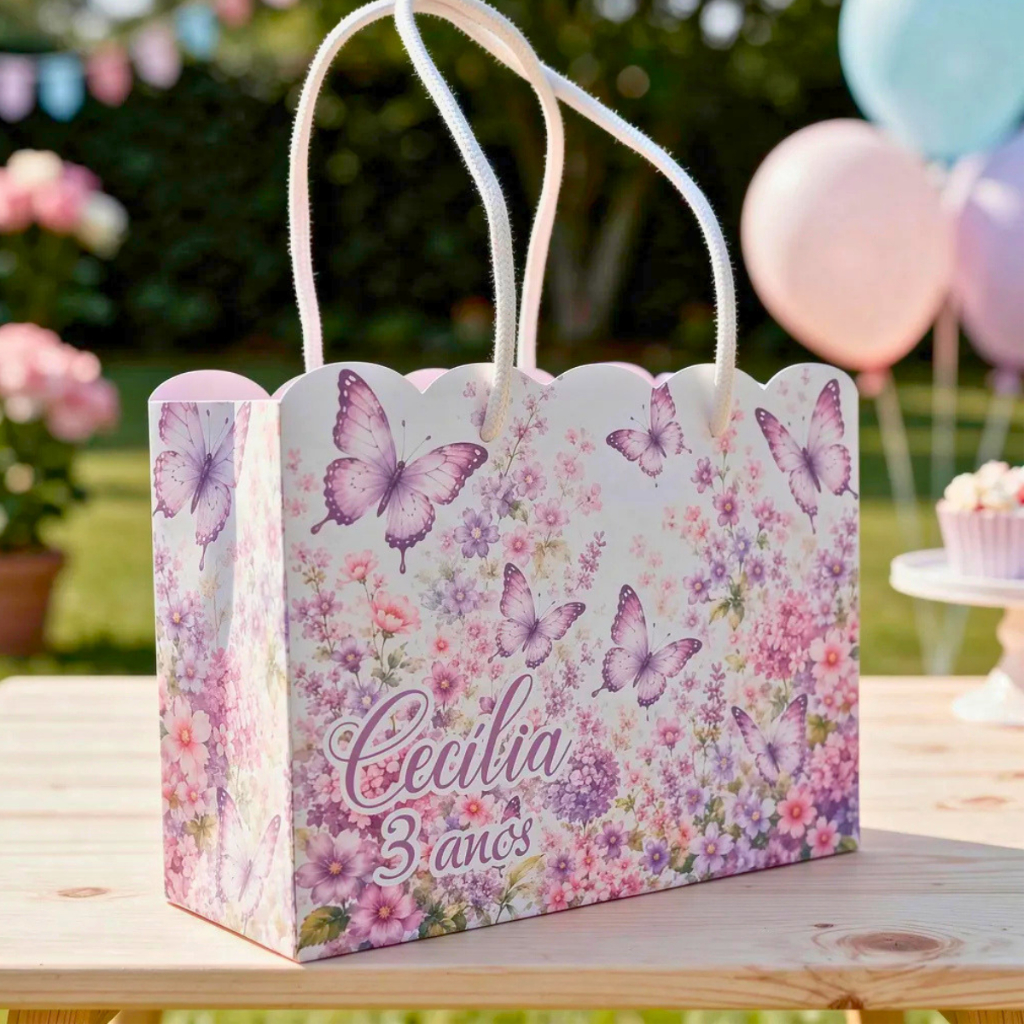 Sacolinha Personalizada Jardim das Borboletas Lilás | Lembrancinhas | Aniversário | Sacola Surpresa
