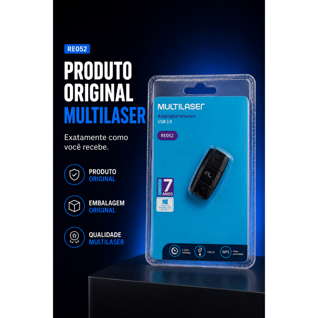 Adaptador WiFi USB 300Mbps Multilaser RE052 Fácil Instalação