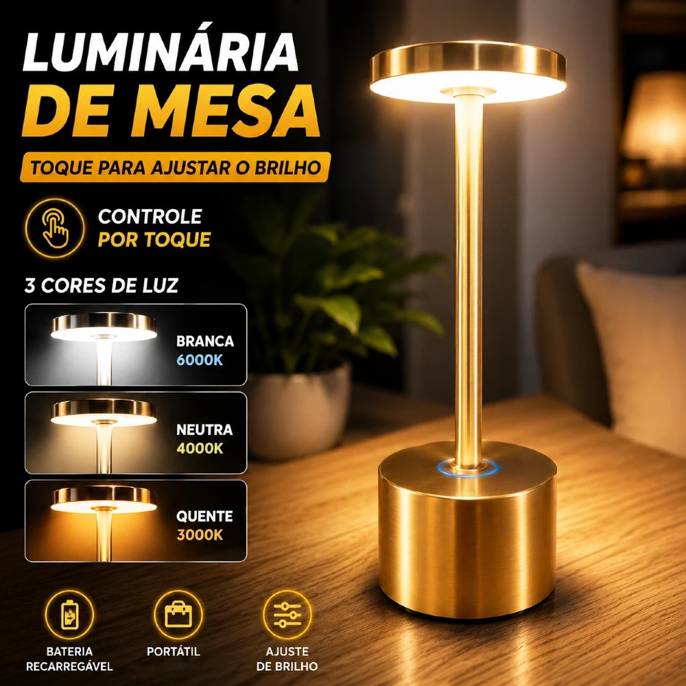 Luminária de Mesa Cabeceira 3 Tons de Led Recarregável Touch Proteção ocular Quarto Escrivaninha Luxuosa Dourado