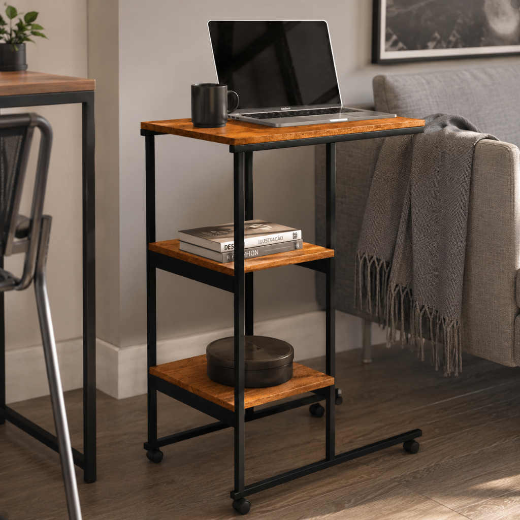 Mesa Auxiliar Lateral de Apoio com Rodinhas Mesa Para Notebook Cama Sofá Ferro e MDF