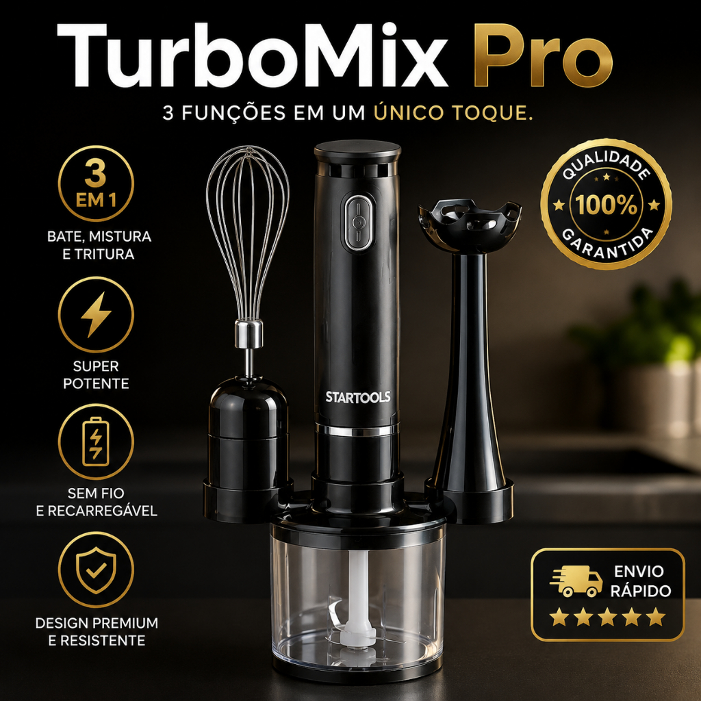 Mixer Processador 3 em 1 TurboMix Pro – Mini Mixer Elétrico Portátil Multifuncional para Cozinha | Batedor, Triturador