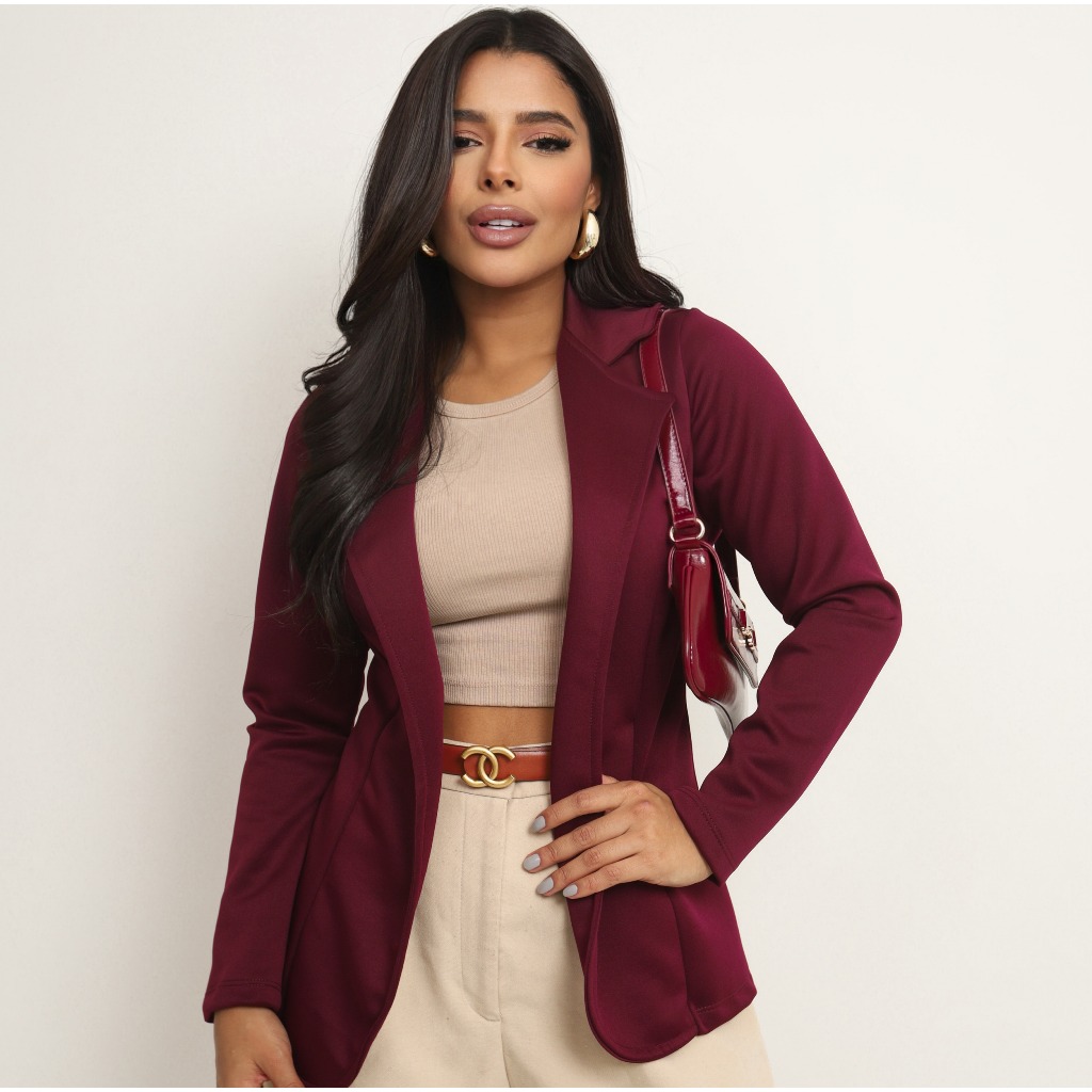 Blazer Feminino Alfaiataria Social Neoprene Acinturado Longo Terninho Trabalho Casual Festa Elegante