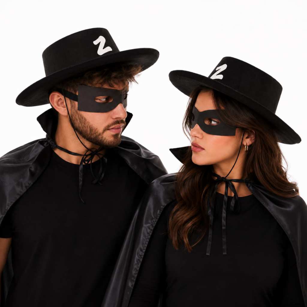 Fantasia Zorro Masculina Feminina Chapéu Capa Máscara 3 Pçs