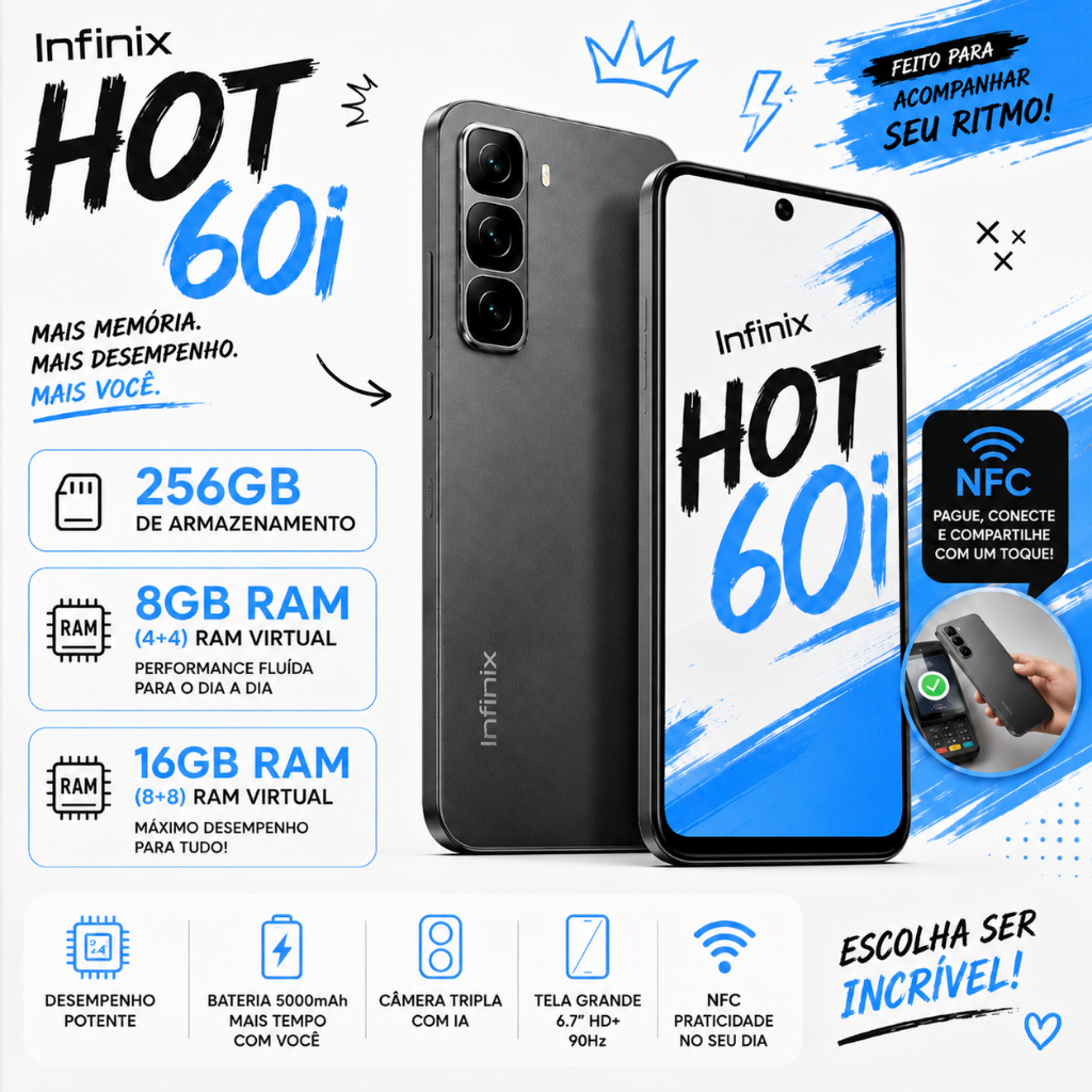 Smartphone Infinix Hot 60i NFC 256GB 8+8GB ou 4+4GB RAM Tela 120Hz Carregamento Rápido 45W