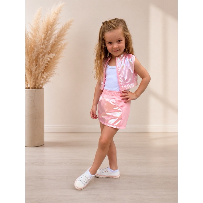 Conjunto Holográfico Infantil Menina  – Colete com Zíper + Shorts Saia Fashion ()