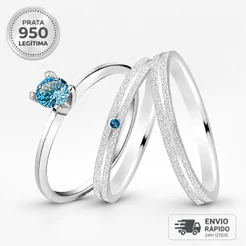 Par de Alianças Prata 950 2mm Pedra Azul + Anel Solitário Namoro Compromisso Personalizada Gravação