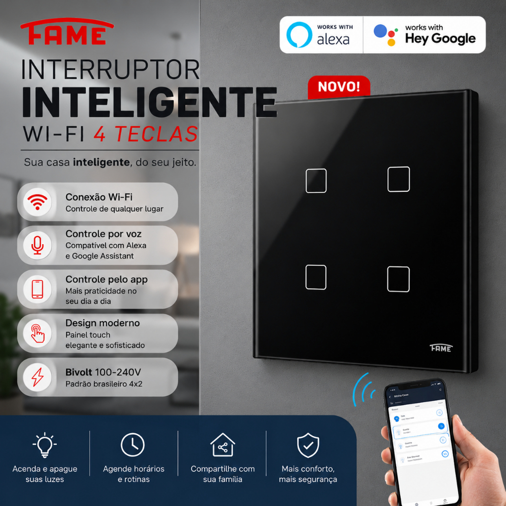 Interruptor Inteligente Touch 4 Teclas Preto FAME Wi-Fi Controle Voz Alexa Google 4x2 Vidro Bivolt