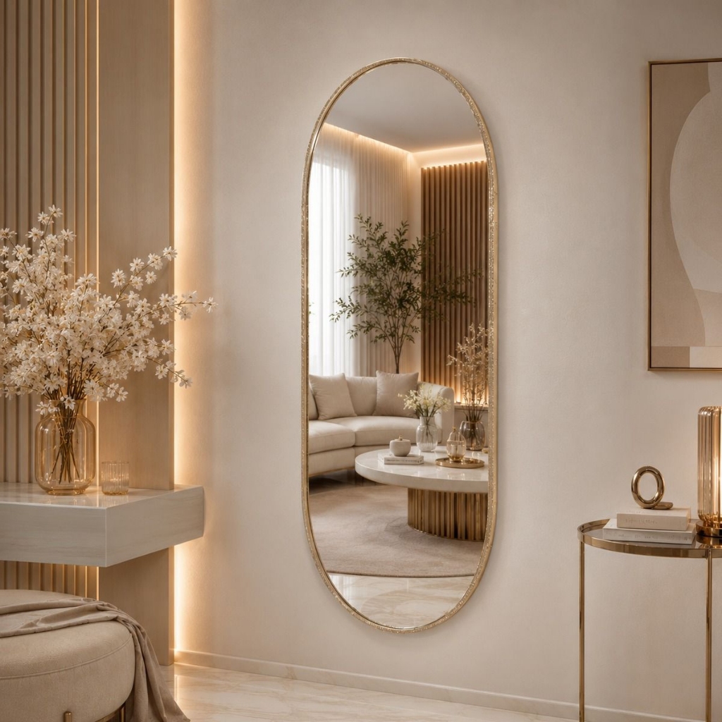 Espelho de Parede Oval Dubai Moldura em Couro Brilhante Decoração Quarto Salão L