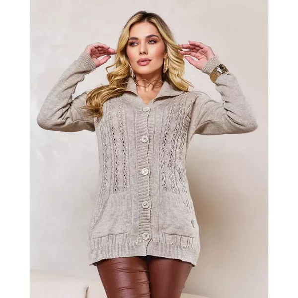 Casaco Feminino Alongado em Tricot com Tranças, Bolsos e Botões Sobretudo Inverno Elegante Quentinho