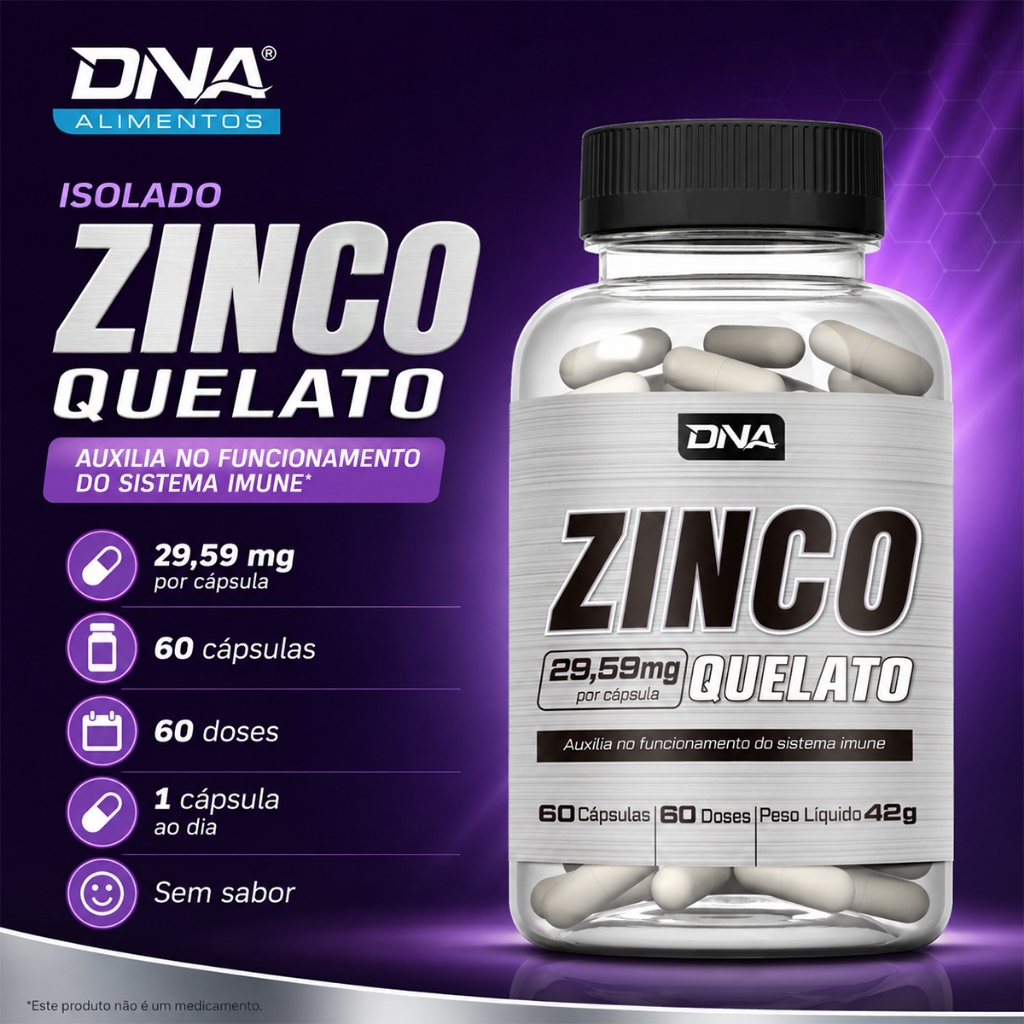 Vitamina De Zinco Quelato 29mg Suplemento Para Imunidade Pele Cabelo Unhas 60 Cápsulas Adulto