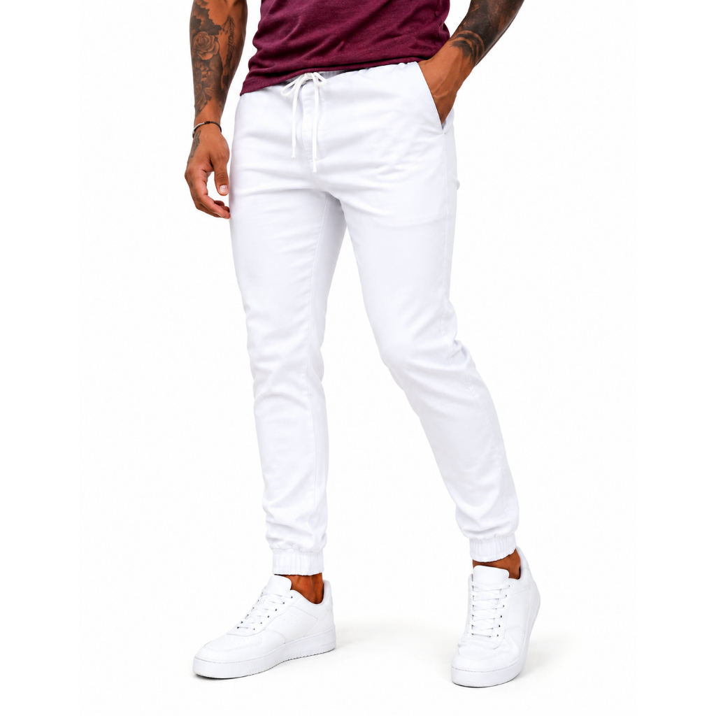 Calça Jogger Masculina Jeans Sarja Branca Punho Elástico Cordão De Regulagem Premium Confortável