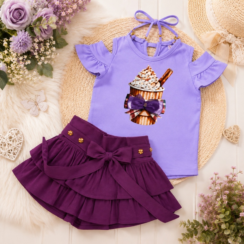 CONJUNTO INFANTIL MENINAS BLUSA ALGODÃO + SAIA BABADO CHARMOSO LOOK ESTILOSO PASSEIO E FESTA