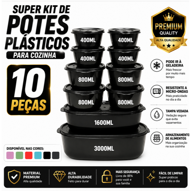 Kit 10 Potes Herméticos Ovais Plásticos BPA Free – Organização de Alimentos – Cozinha Completa - Mantimentos