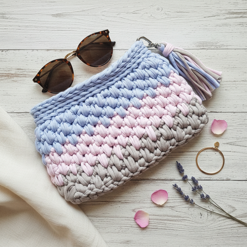 Bolsa Clutch de Crochê Fio de Malha Tricolor com Tassel | Necessaire Feminina Estilosa