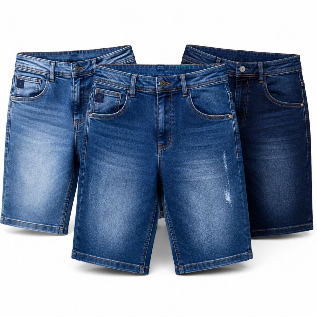 Kit 3 Bermudas Jeans Masculina Elastano Premium Conforto Bolsos