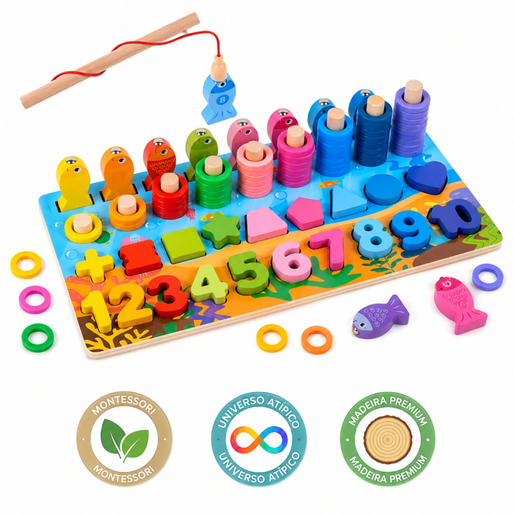 Brinquedo Educativo de Madeira Pega Peixe Montessoriano Tabuleiro Didático Letras Formas