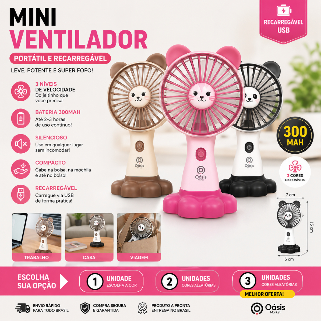 Mini Ventilador Portátil Recarregável USB 3 Velocidades Fofo Kit Econômico 1 2 3 Unidades