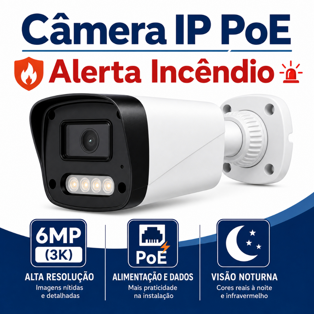 Câmera Segurança IP 6MP 3K PoE Com Alerta de Incêndio e Visão Noturna