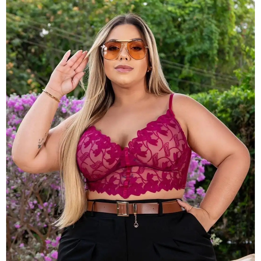 Cropped Plus Size Tule Renda Floral Bordado com Bojo e Amarração