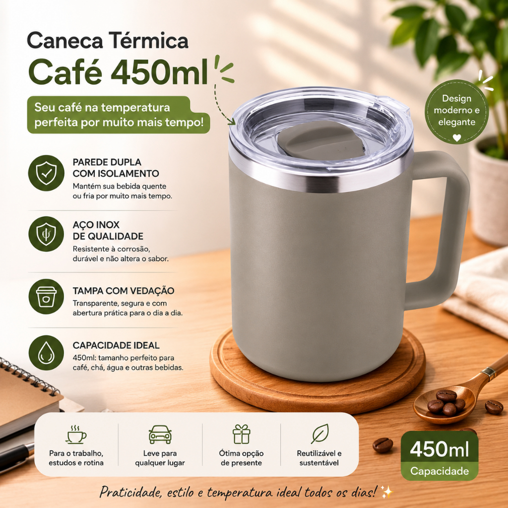 Caneca Térmica Café 450ml com Tampa Aço Inox Parede Dupla Cinza