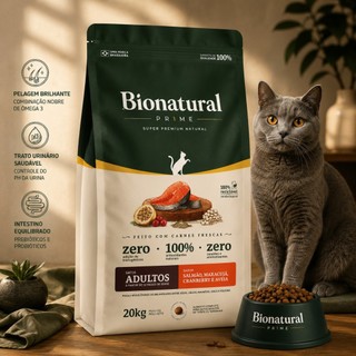 Ração SuperPremium Bionatural Prime para Gatos Adultos sabor Salmão 20 KG-Envio Rapido