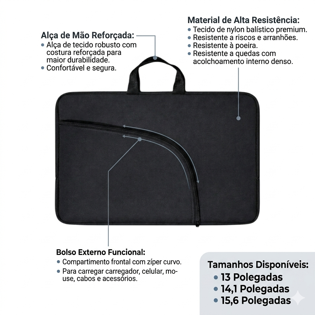 Capa Case Luva Maleta Mala Bolsa Preta Protetora Notebook Ultrabook 13/14,1/15,6 Polegadas Bolso Lateral Alça de Mão