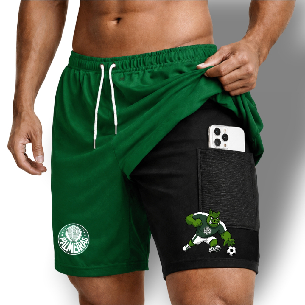 Bermuda Shorts Compressão 2 em 1 PORCO VERDE 01 Masculina Dry Fit + Elastano Leve para Academia Corridas