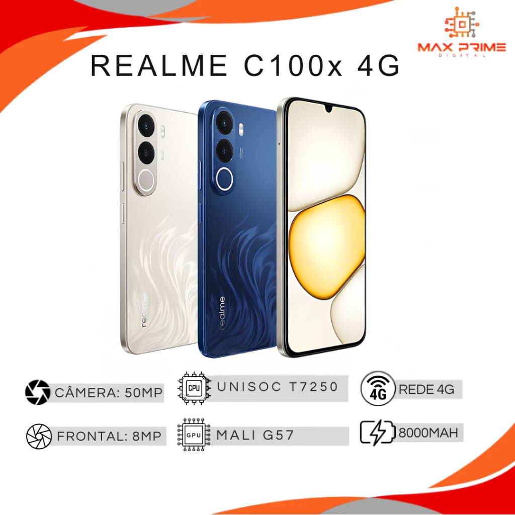 Realme C100x 4G, Versão Global, , Bateria 8000mAh, 128GB + 4GB RAM, Processador Unisoc T7250, NFC, Câmera 50MP
