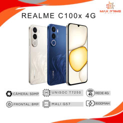 Realme C100x 4G, Versão Global, , Bateria 8000mAh, 128GB + 4GB RAM, Processador Unisoc T7250, NFC, Câmera 50MP