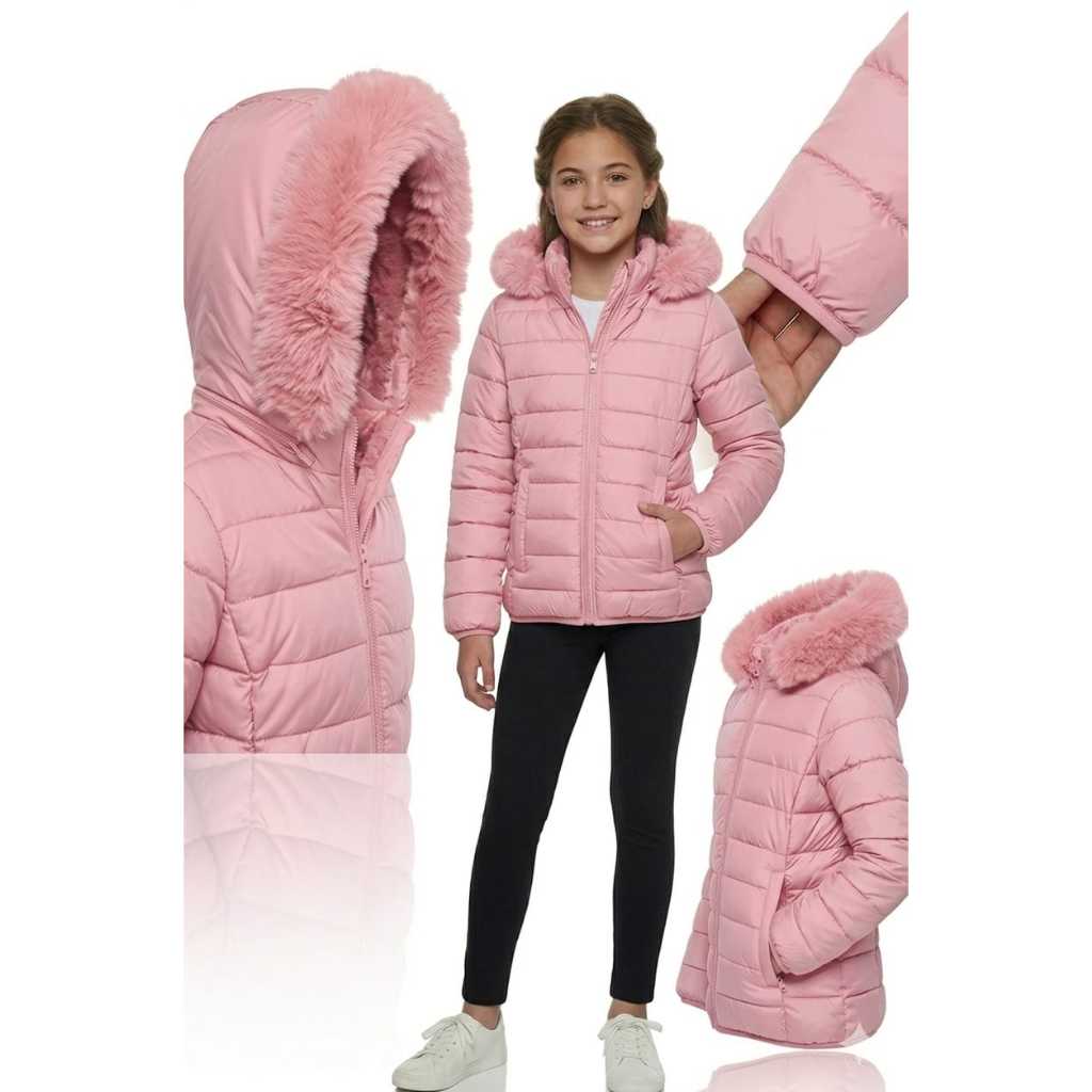Jaqueta Puffer Infantil Premium com Capuz Peluciado