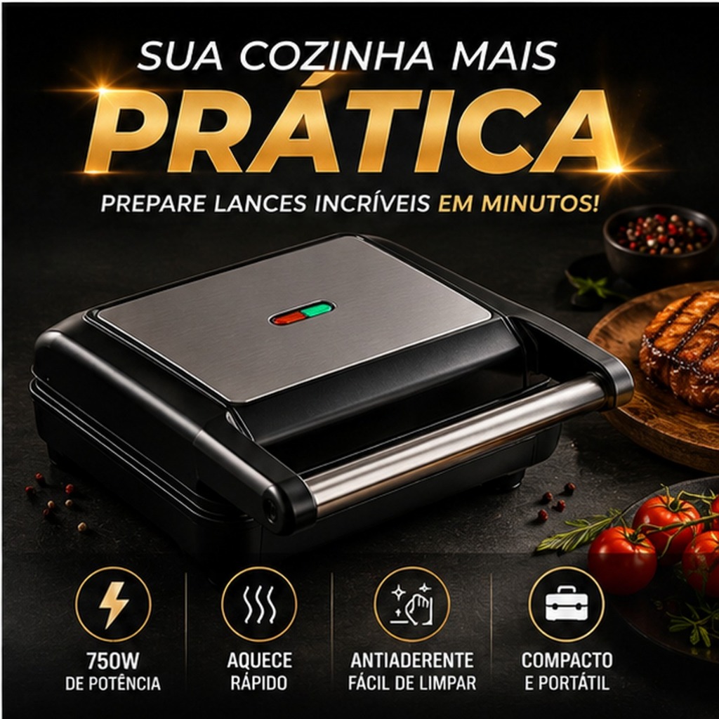 Mini Grill Grelha Sanduicheira Inox 750w Antiderrapante Alça Led Indicador