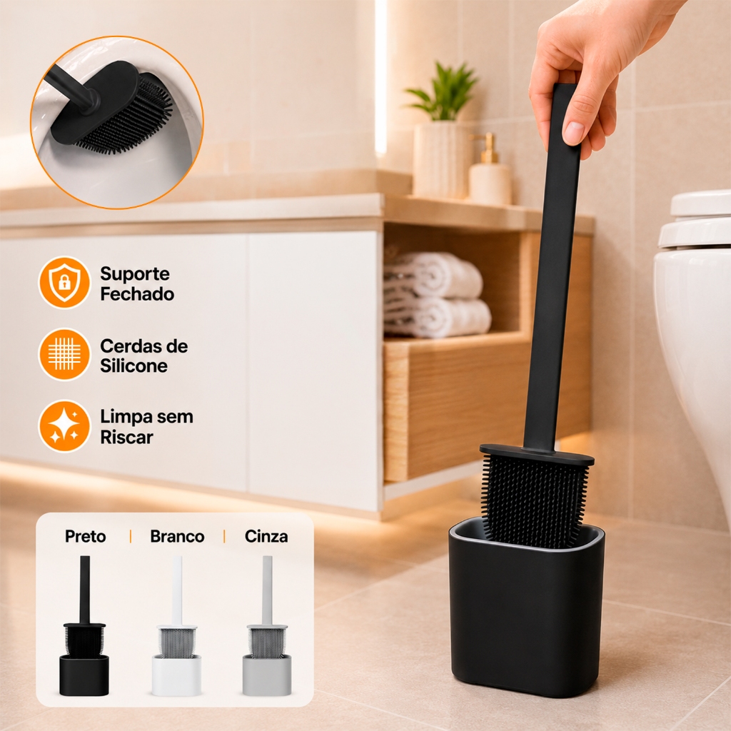 Escova Sanitária de Silicone com Suporte Fechado Antiodor para Vaso Privada Banheiro Não Risca