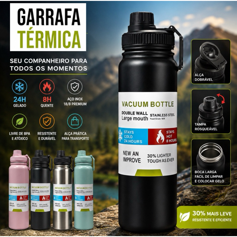 Garrafa Grande Térmica Água Squeeze Inox 800ml  Academia quente E Frio