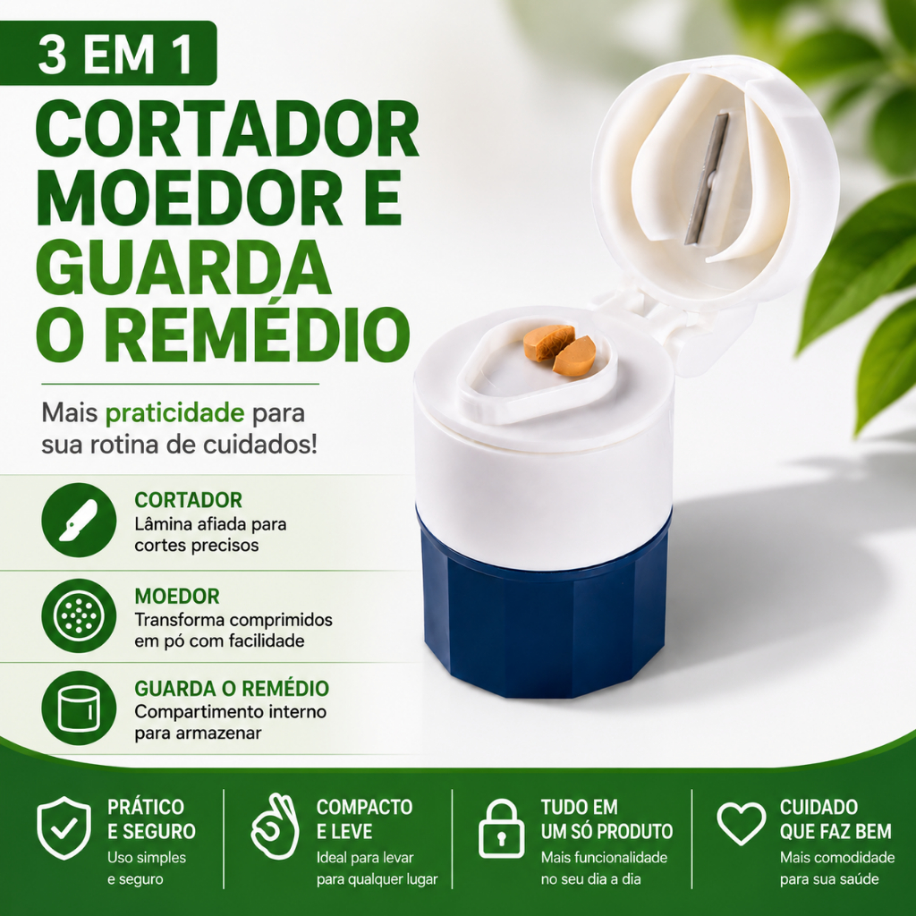 Estojo Porta Comprimidos Multiuso Com Cortador e Amassador 3 em 1