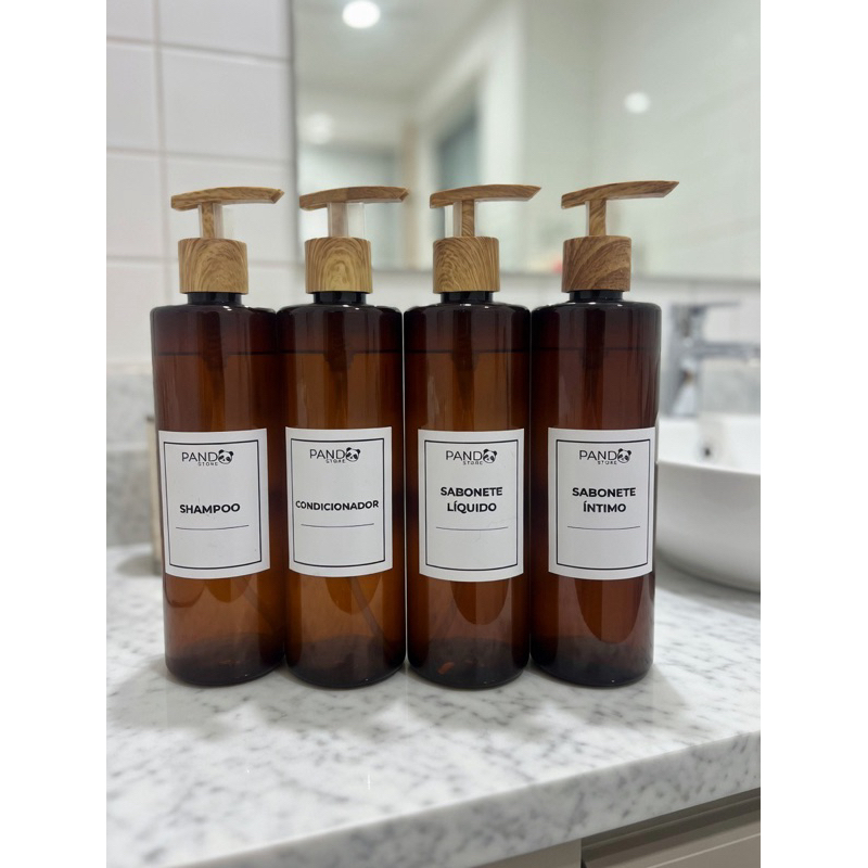 Kit Banheiro 04 Frascos Âmbar  - PUMP BAMBU - Sh, cond sab liq, sab int - 250ml