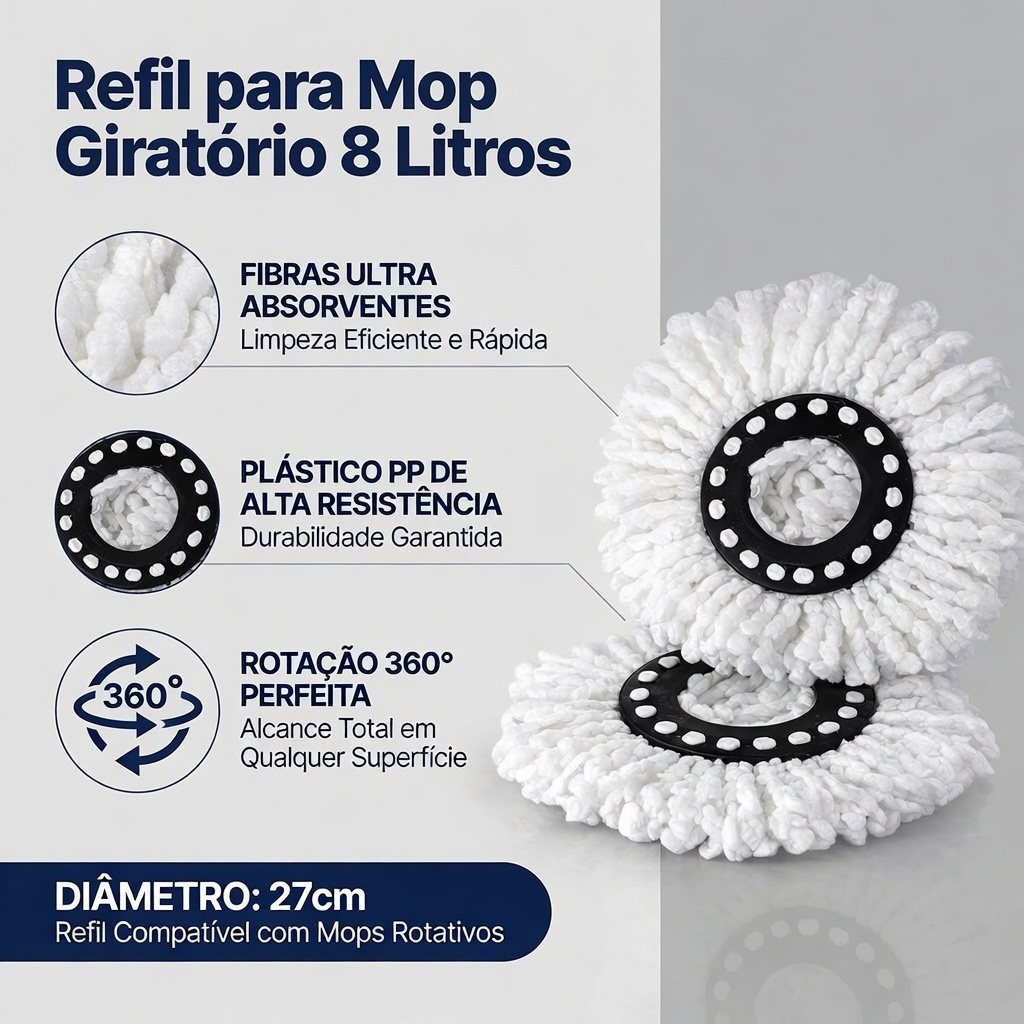 Refil para Mop Giratório 8 Litros Clean Tech Microfibra Alta Absorção Utilidades Domésticas Premium