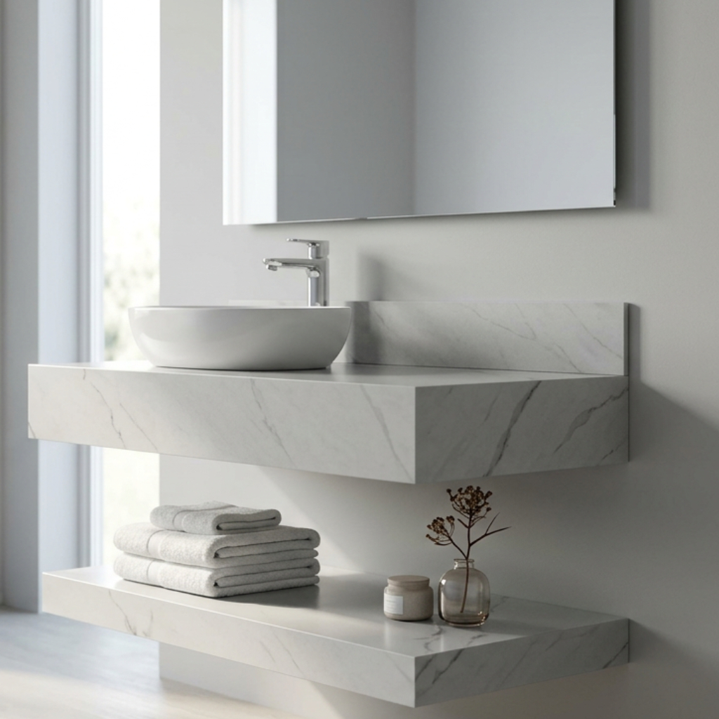 bancada de porcelanato para cuba de apoio de sobrepor com prateleira branco com rajas 60x40 lavatorio pia para banheiro