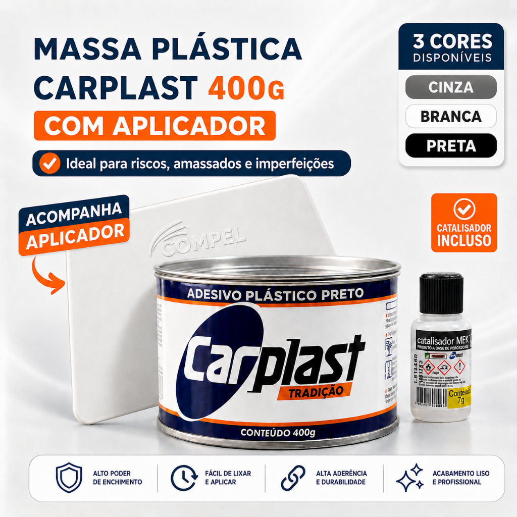 Kit Massa Plástica + Espátula Carplast 400g Catalisador Funilaria Carro Parachoque Fibra Plastica