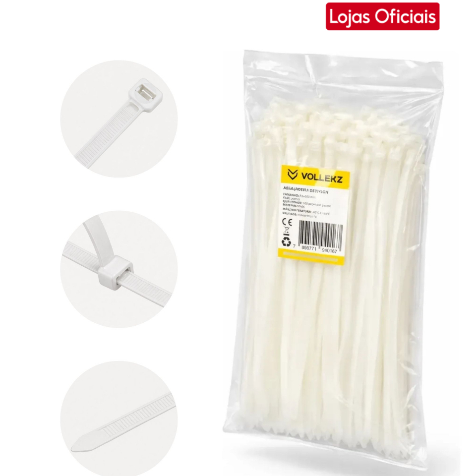 Abraçadeira Nylon Plastica Enforca Gato Branca 7.6x300mm 100un Vollekz PA66 Cerca Cabo