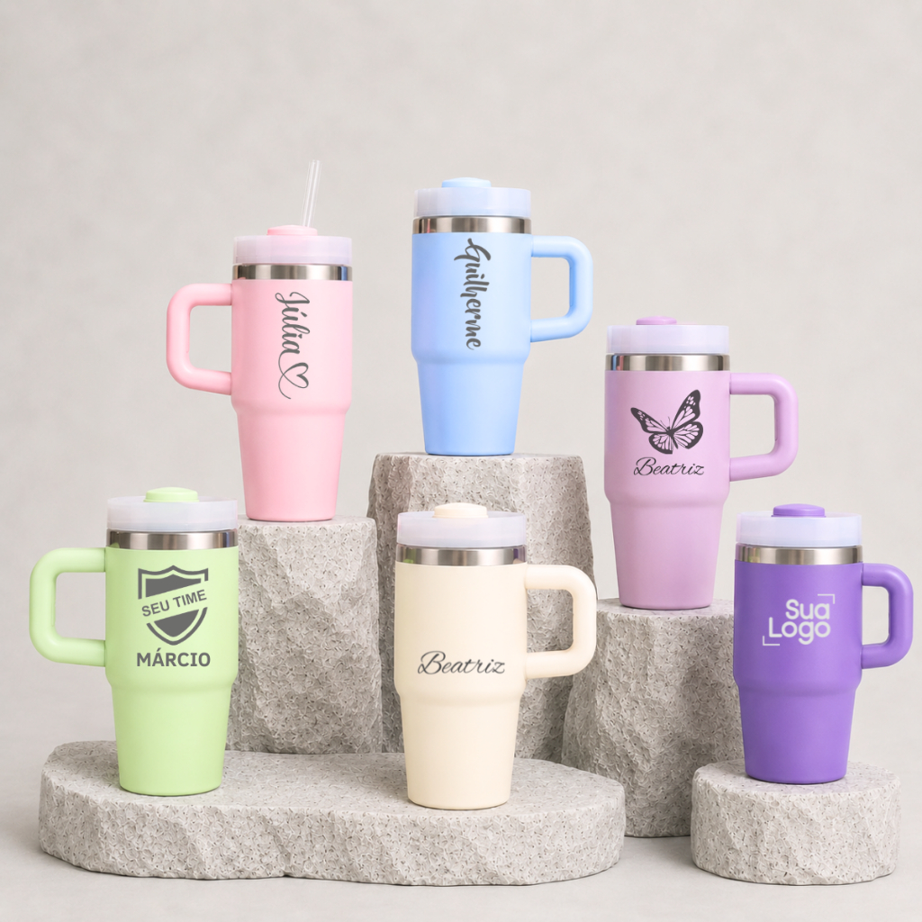 Copo Garrafa Térmica 420ml Personalizado Aço Inoxidável Isollado A Vácuo C/ Alça Portátil Resistente
