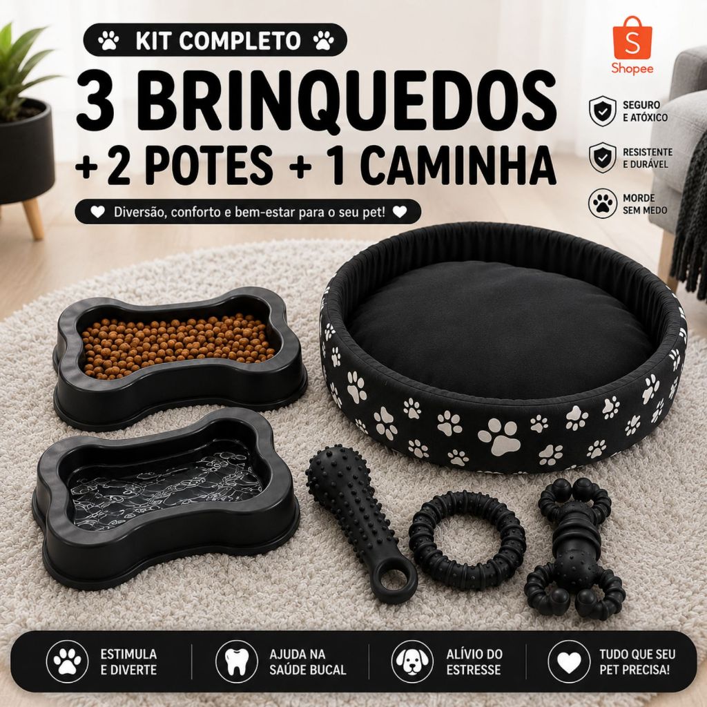 Cama para Cachorro + Comedouro Bebedouro + Mordedor Pet