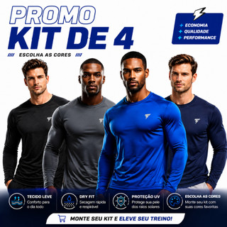 Kit com 4 Camiseta Uv Segunda Pele Proteção Solar Fator 50+ Cores Variadas Manga Longa Ma…