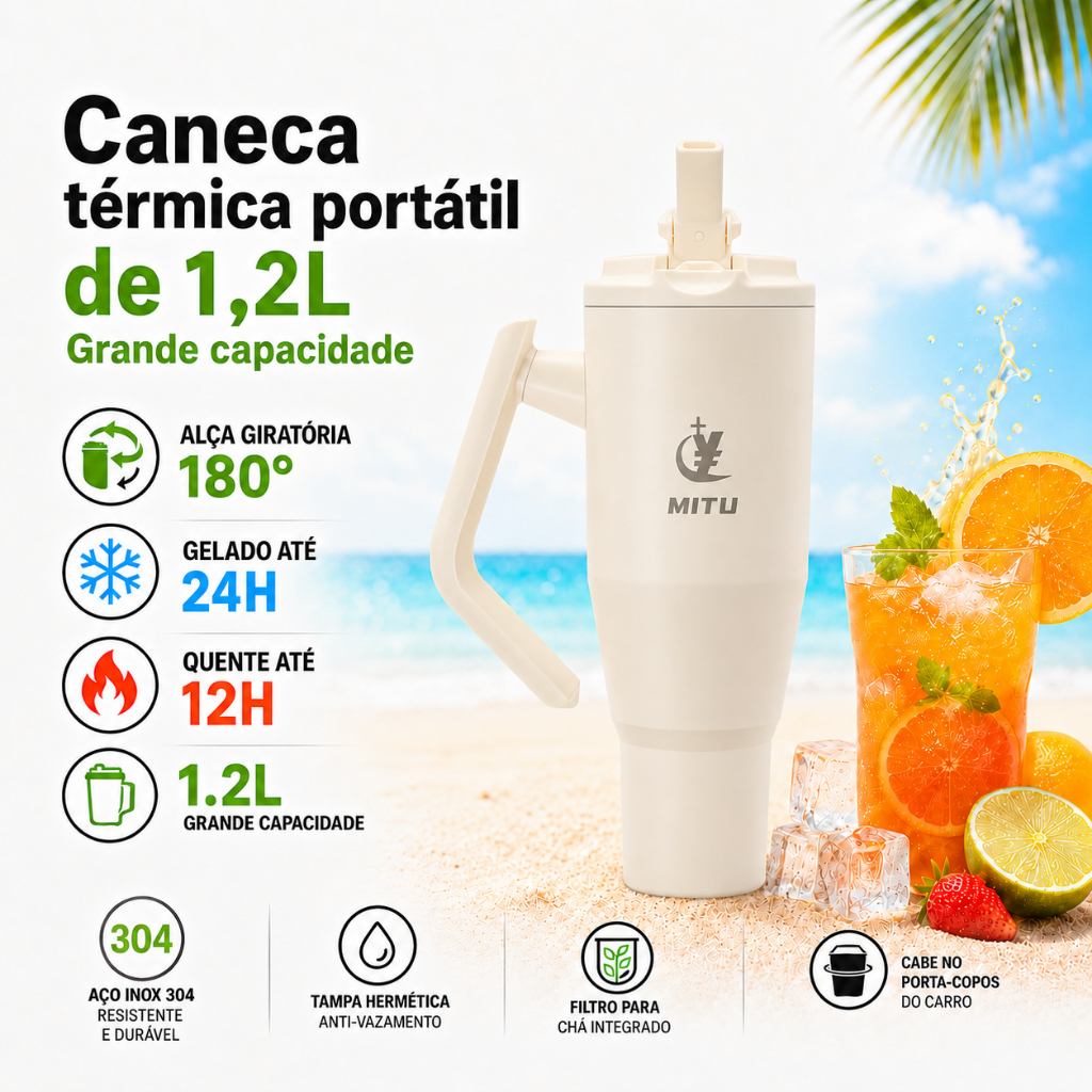 Copo Térmico Inox 1.2L com Alça Giratória 180° Caneca Grande Portátil com Tampa e Canudo Premium Para Carro Escritório