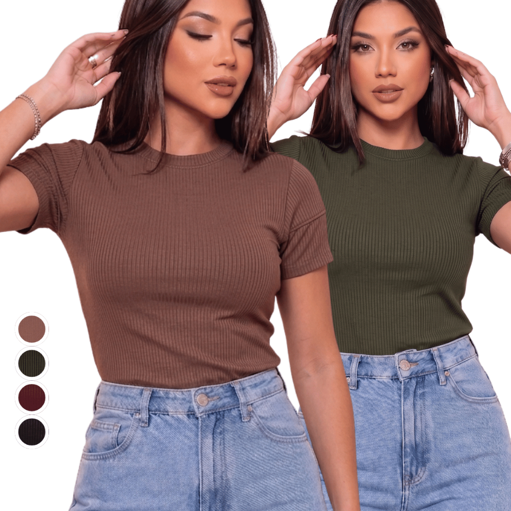 Kit 2 Blusas Femininas Ribana Canelada Básica Manga Curta Conforto e Estilo