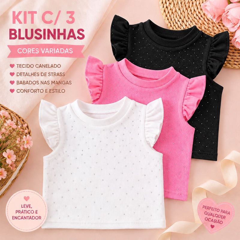 KIT COM 3 BLUSA PEDRARIA MENINAS INFANTIL MALHA CANELADA FOFO E CONFORTÁVEL